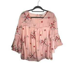 Figueroa + Flower 3X Pink Embroidered Peasant Blouse Bell Sleeve Boho Floral